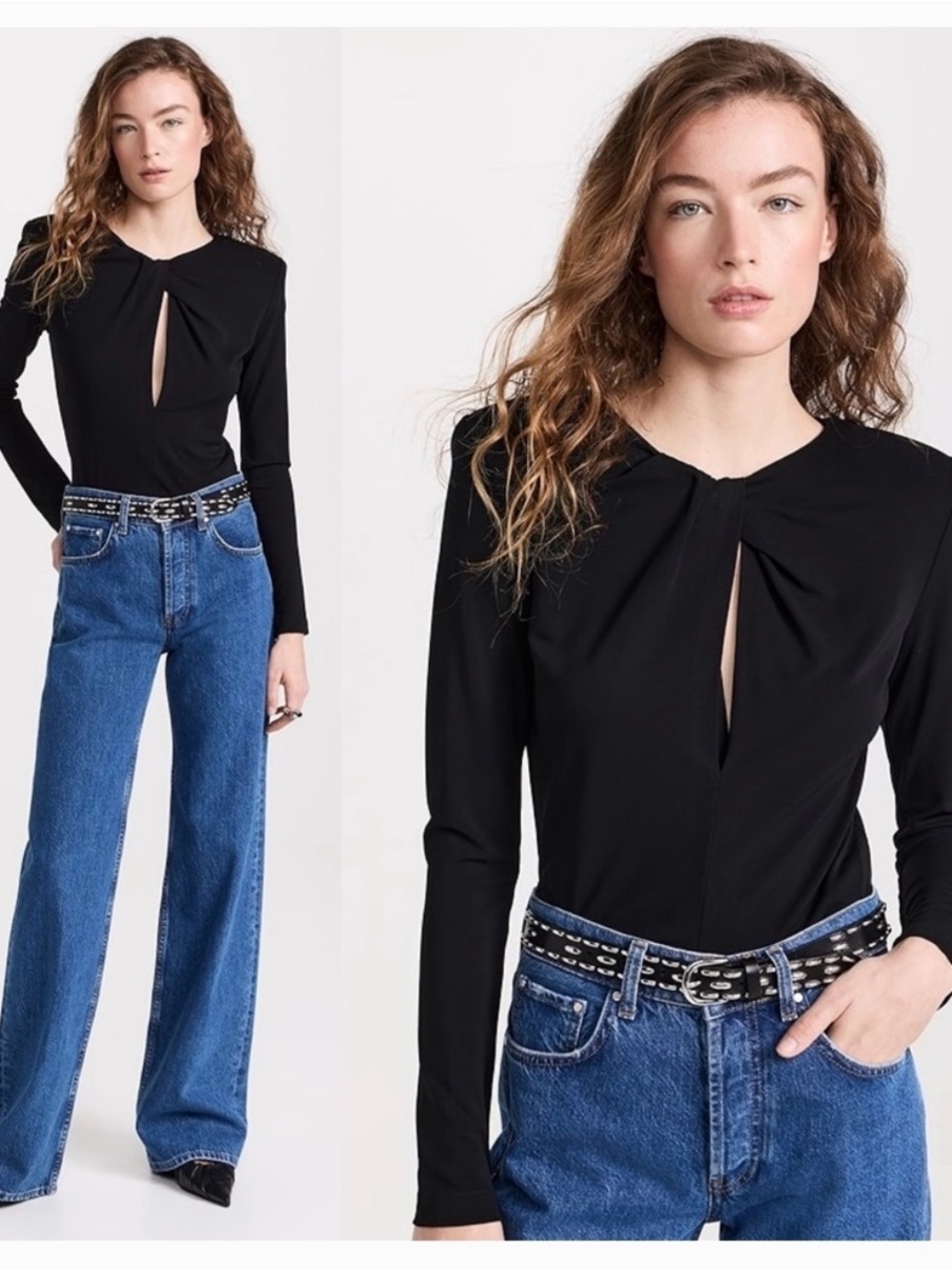 Anine Bing Amaya Top: Black Long-Sleeve Keyhole Twist Top with Shoulder Pads